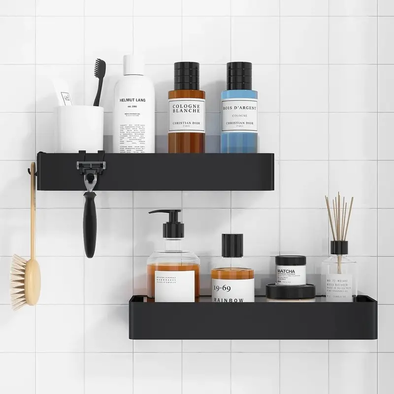 Maximum size of shower rack -15.7 '' x 4.9 '' x 2.4 '' - High quality material - Anti rust shower storage rack, non drilled shower rack, stainless steel shower rack with 4 hooks, black - Set of 2