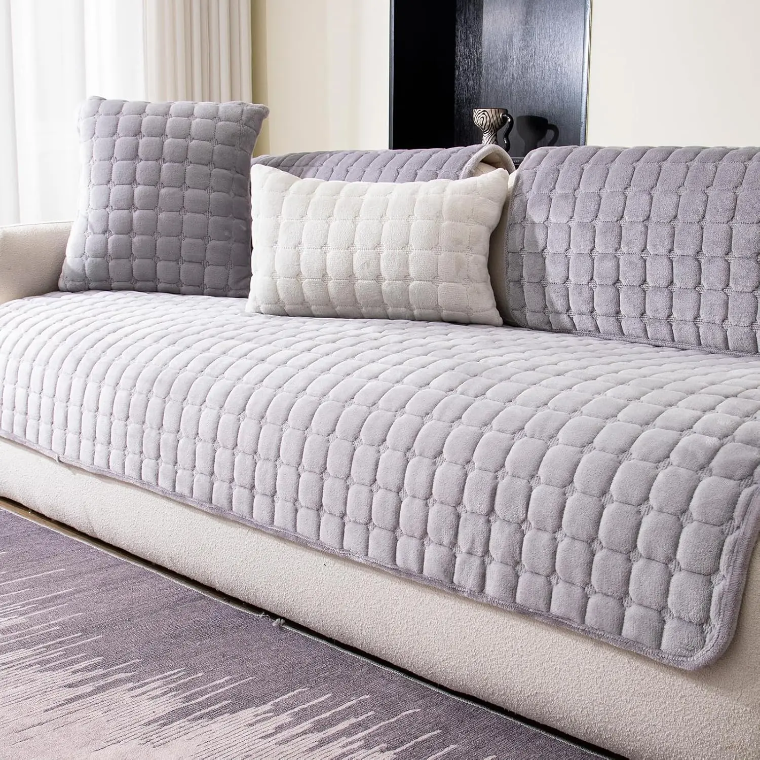 Velvet Couch Cover, Washable Sectional Sofa Cover, Anti Slip Sofa Slipcovers for 3 Cushion Couch Sofa L Recliner, Furniture Protector Covers for Pets Kids(Light Grey, Only 1 PCS)
