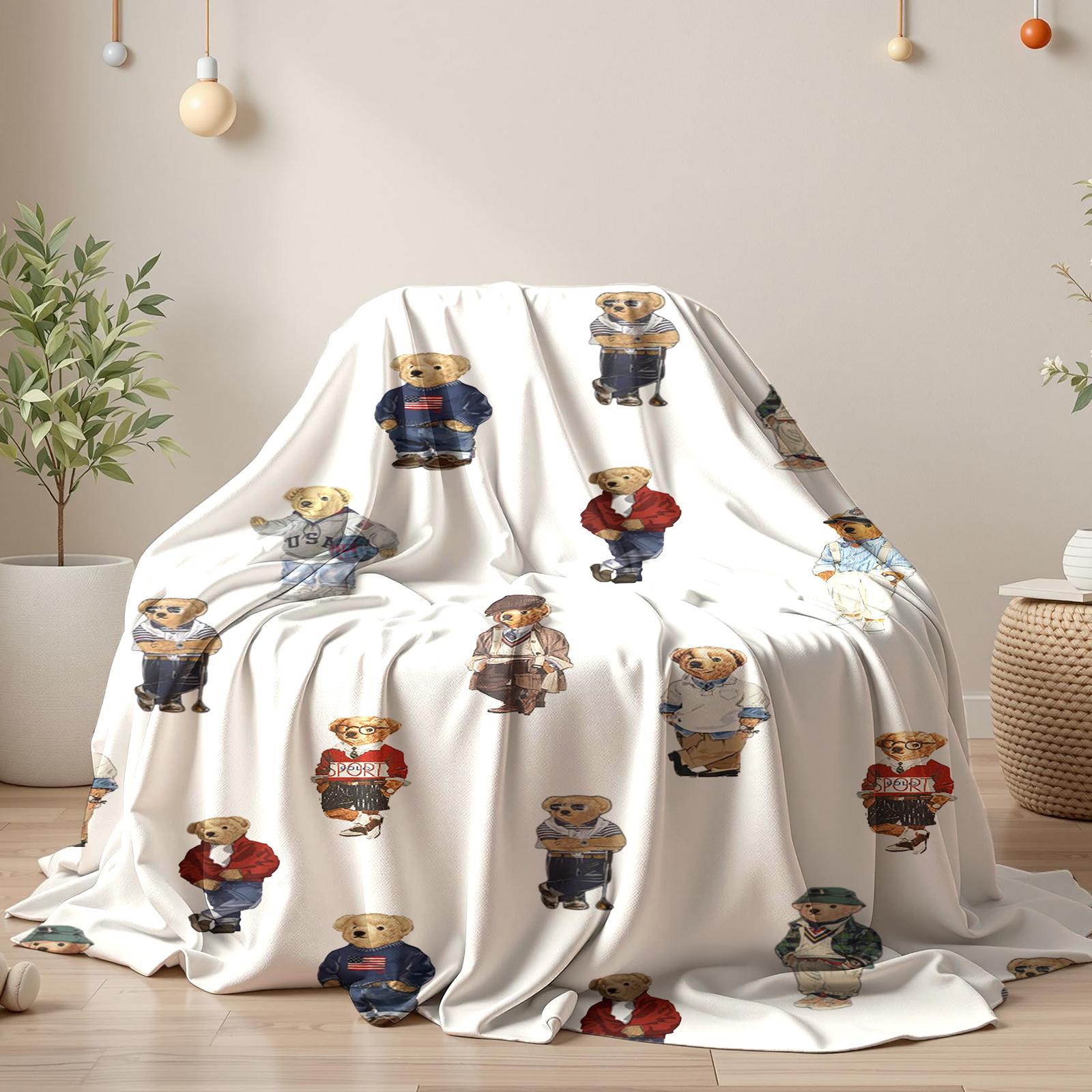 Cute Bear Aesthetic Pattern Blanket,Coquette Striped Bear Blanket,Old Money Style Decor Plush Throw Blanket,Soft Cozy Vintage Napping Blanket for Home Office Travel Camping