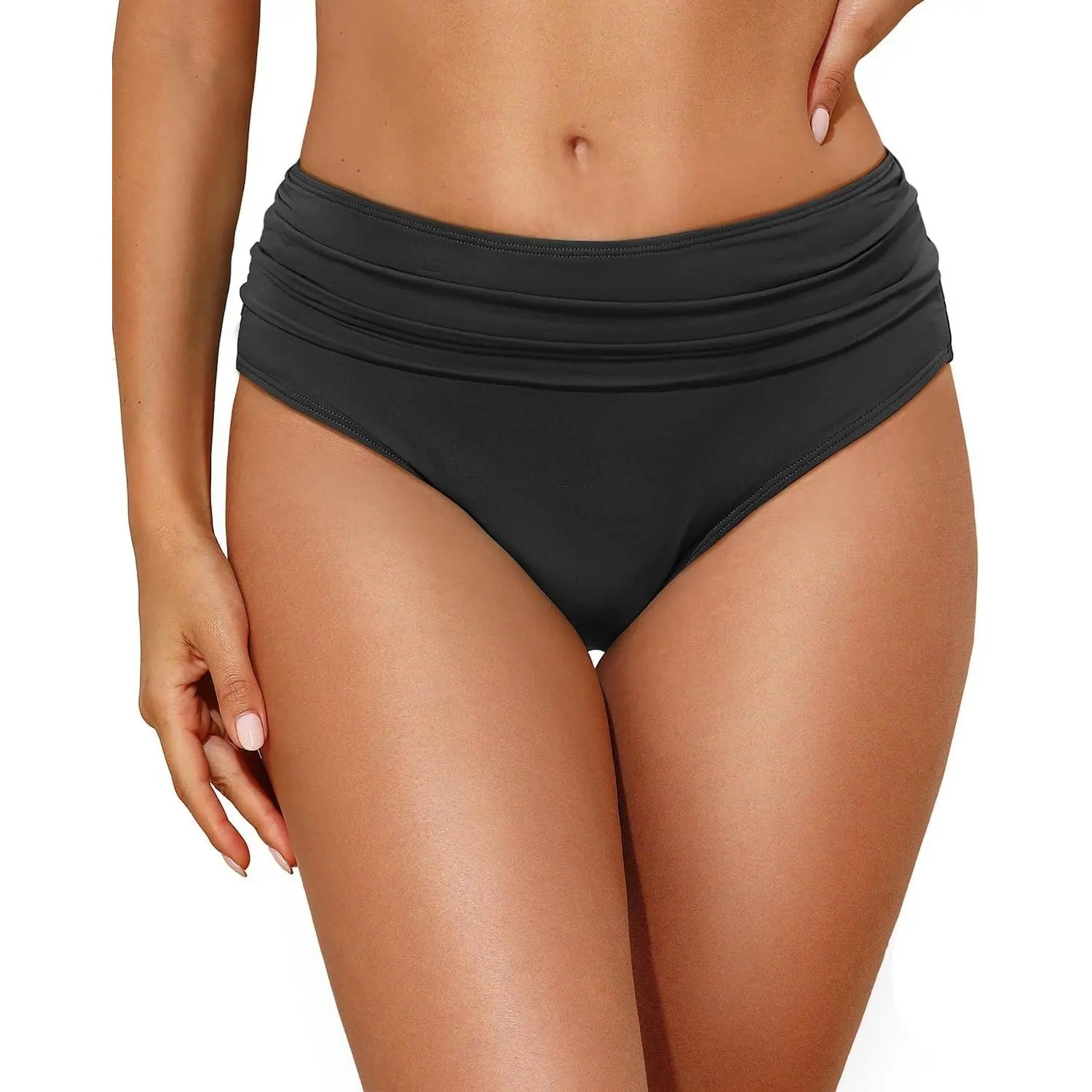 Women Mid Rise Bikini Bottoms Full Coverage Swimsuit Ruched Scrunch Swim Bottom