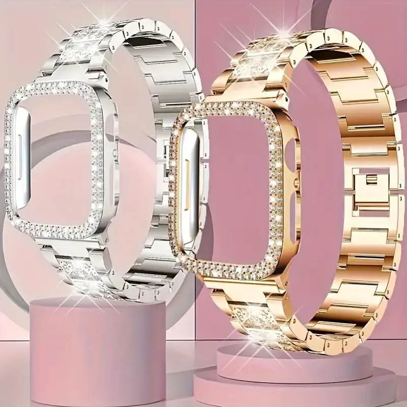 Starry Sky Full Diamond & Double Row Diamond Smartwatch Case Strap Set, Wearable Accessories for Compatible Smartwatches (Ultra/Ultra 2, 10/9/8/7/6/5/4/3/2/1/SE, 38/40/41/42/44/45/49mm) - Stylish Shining Smartwatch Accessories