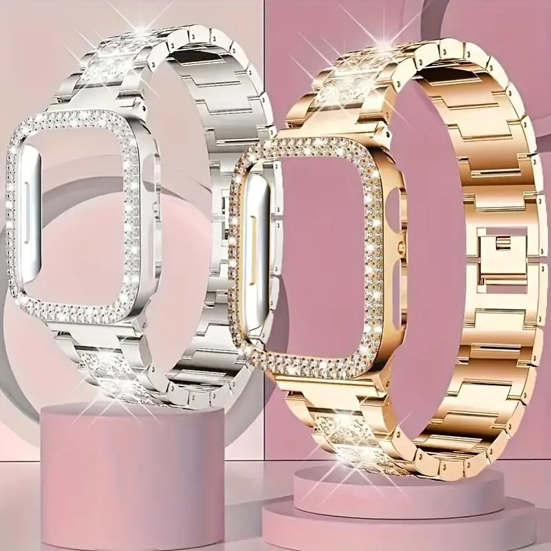 Suitable For Apple Watch Ultra/Ultra 2 10/9/8/7/6/5/4/3/2/1/SE Starry Sky Full Diamond+Double Row Diamond Fashionable And Beautiful Shining Watch Case Strap+Case 38/40/41/42/44/45/49mm