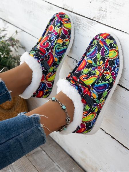 Women's Fall Winter Boho Style Slip-On Loafers, Round Toe Lace-Up Casual Shoes, Warm Textile Upper Eva Sole, Low Top Ankle Boots, Casual Fashion Shoes