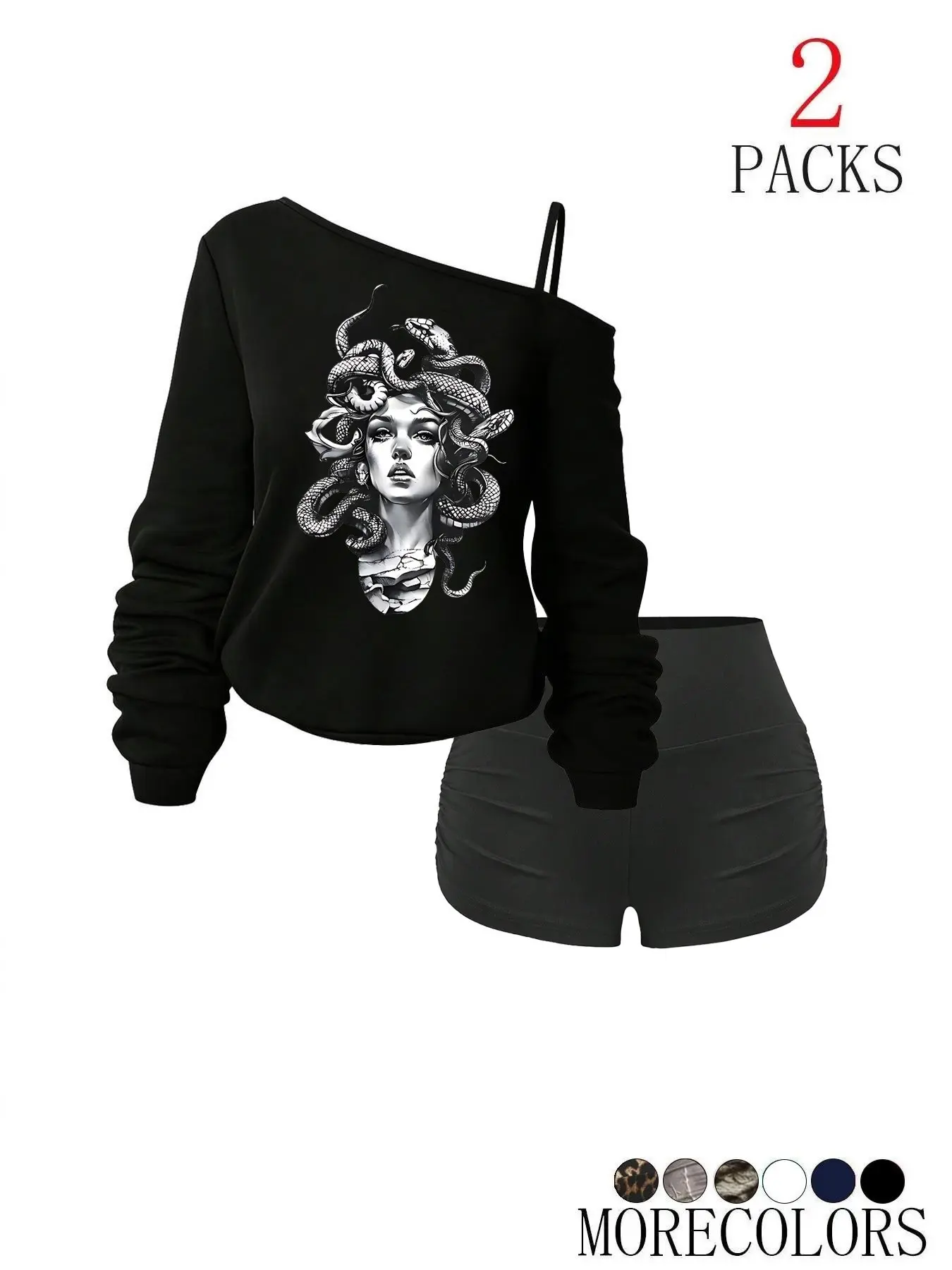 Women's Two-Piece Set Gothic Medusa Print Off-Shoulder T-Shirt & High-Waisted Shorts, Loose Fit, Casual, Embroidered Design, All Seasons Fashion, Clothes