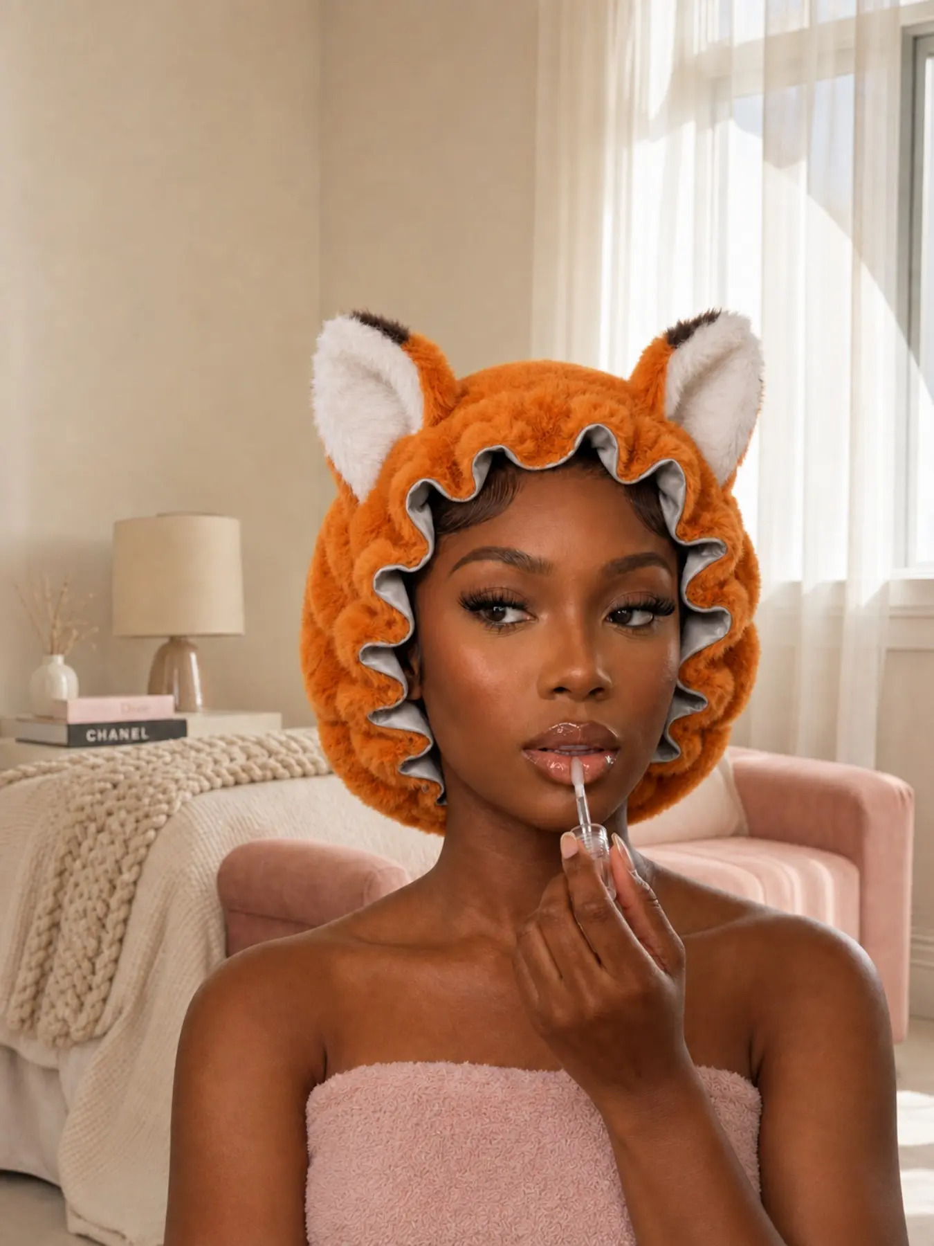 Fox Ears Satin Lining Sleep Cap, Soft Plush Fox Hair Hat, Nighttime Hair Protection, Reduces Friction, Cute Animal Ear Sleep Cap
