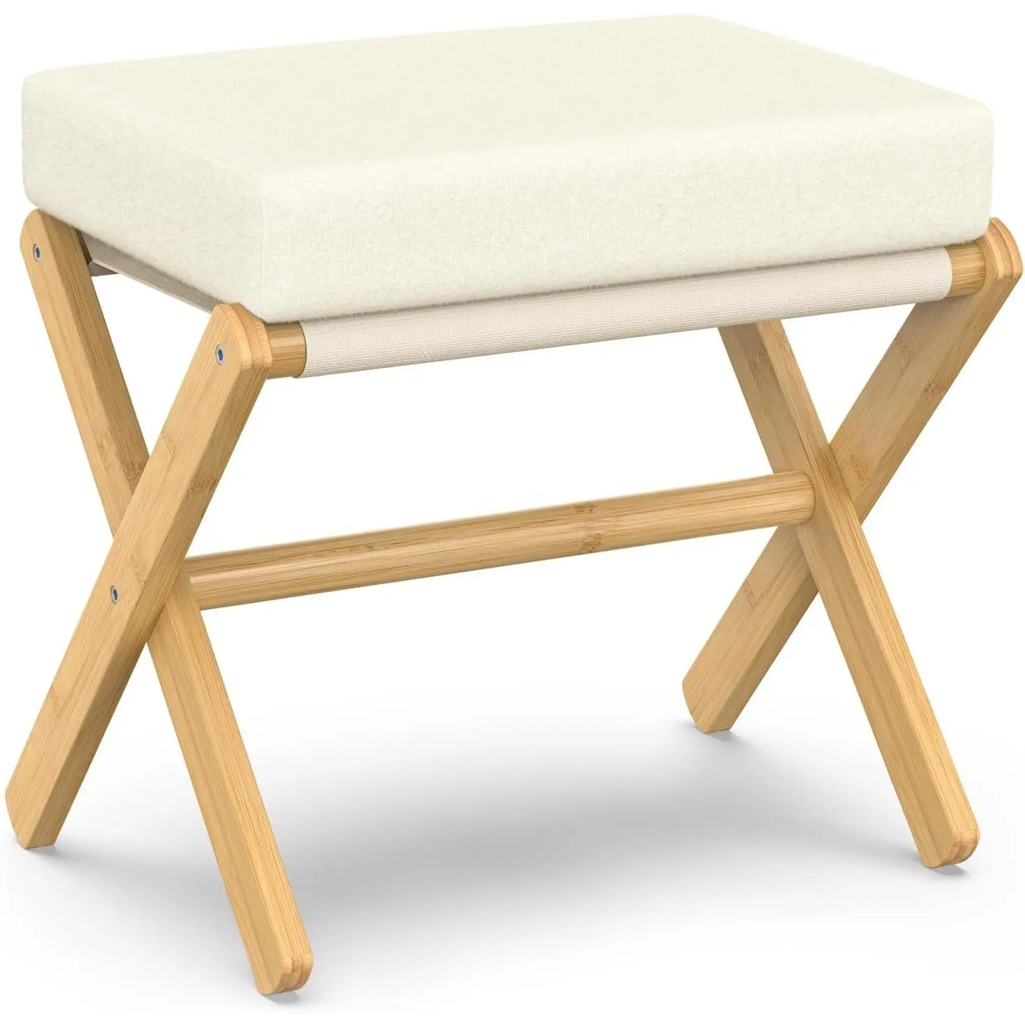 Foldable Foot Stool Ottoman, Modern Foot Rest with Bamboo X Legs & Thick Foam Cushion, Folding Foot Stools Small Padded for Bedroom Living Room, Footstool for Chair Couch (Natural - Beige)