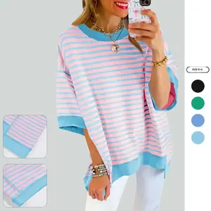 Imily Bela Womens Oversized T Shirts Striped Color Block Cotton Tops Summer Casual Half Sleeve Loose Fit Crewneck Sweatshirts