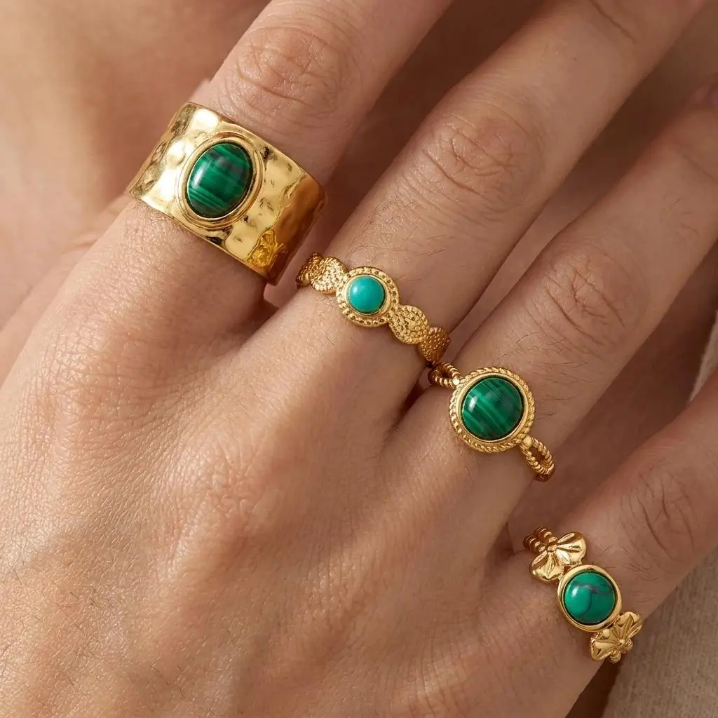 4PCS/Set Minimalist Stainless Steel Turquoise Open Ring Set for Women Vintage Trendy Personalized Stacking Fashion Jewelry