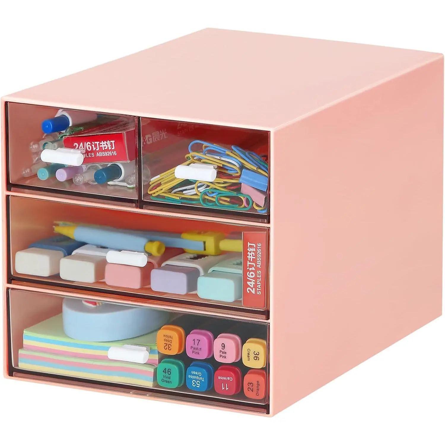 Desk Organizer with 4 Drawers, Clear Plastic Desk Storage Box, Desktop Organization for Office Supplies, Gel Pens, Pencils, Markers, Tape, Erasers, Paperclips, Chargers ( w 4Draws)