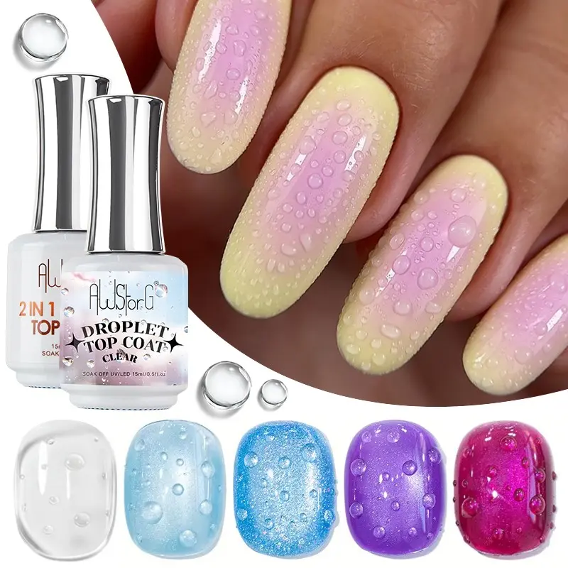 AWStorG 15ml Droplet Top Coat+Crystal Top Coat Set Soak Off UV LED 2 In 1 Water Bubble Effect Clear Sealer Gel For 3D Water Drop Nail Art Salon DIY Manicure