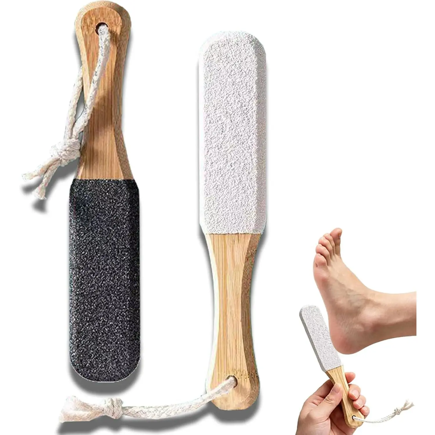 2-Pack Professional Pedicure Foot File & Pumice Stone with Wooden Handle, Callus Remover Foot Scrubber for Dead Skin, Dry Rough Feet, Cracked Heels & Corns