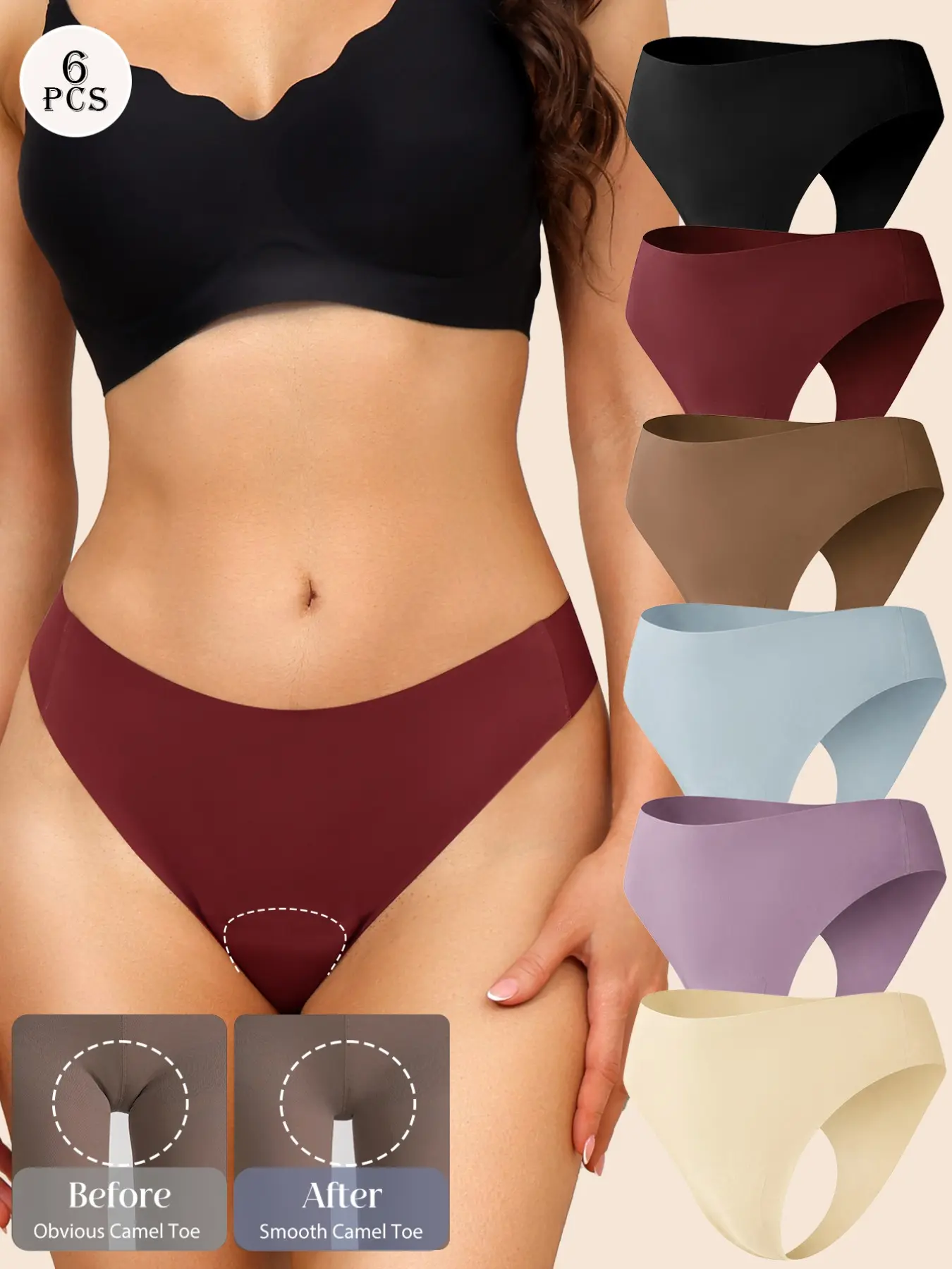 6 Pcs Camel Toe Seamless Thongs for Women, G-String Panties, No Show Underwear, Comfortable for Yoga Sports, All Seasons, Fitted Style