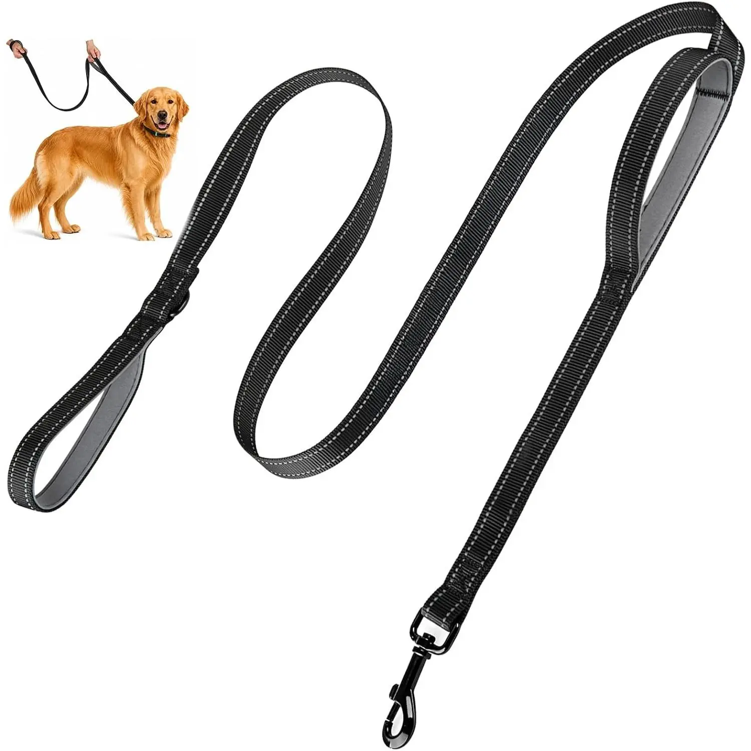 -Handle  Leash 6FT, Heavy Duty Nylon with Reflective Threads,Black | Soft Padded, Reflective Safety, D-ring for Bags,No twisting,  Breeds