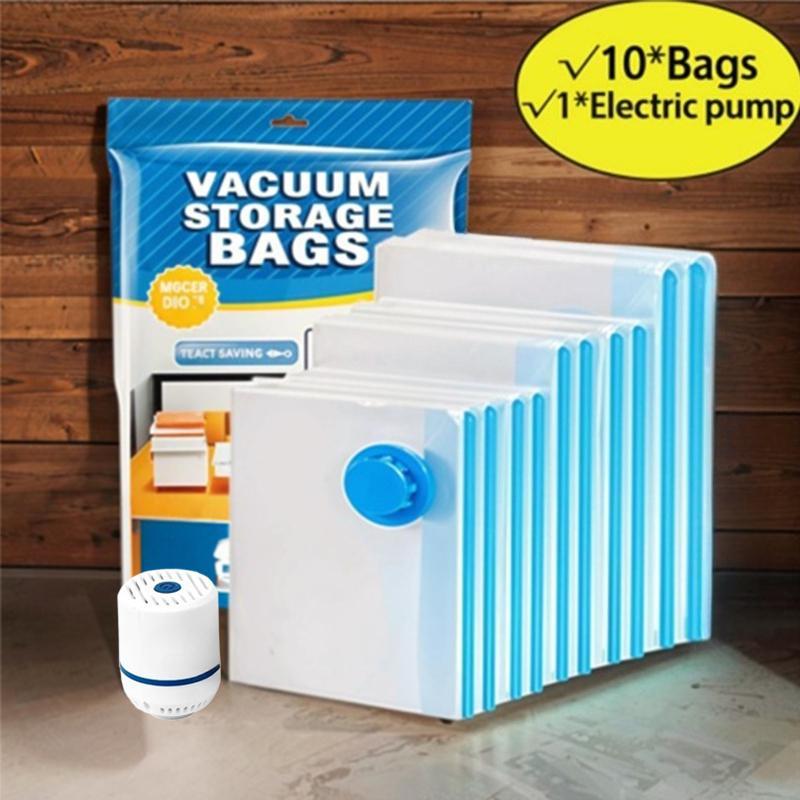 Summer Vacuum Storage Bag with Electric Pump, 10pcs Multi Size Vacuum Clothes Storage Bag & 1 Count Pump, Dustproof Organizer Storage Bag, Reusable Waterproof Space Saving Storage Bag, Space Saver Compression