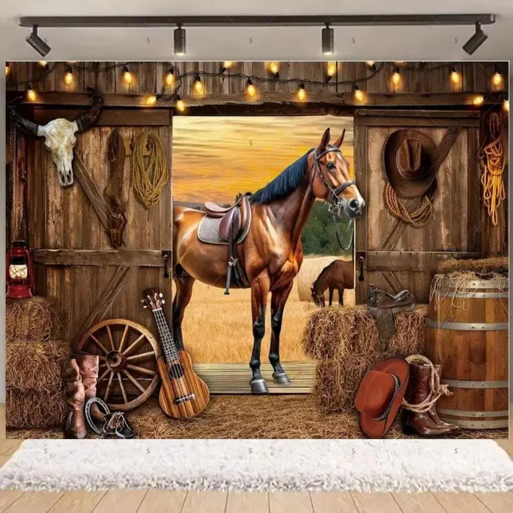 Western Cowboy Photography Backdrop Rustic Farm Barn Haystack Wood House Horse Wheel Background Party Decor Photo Shoot Props Banners Border