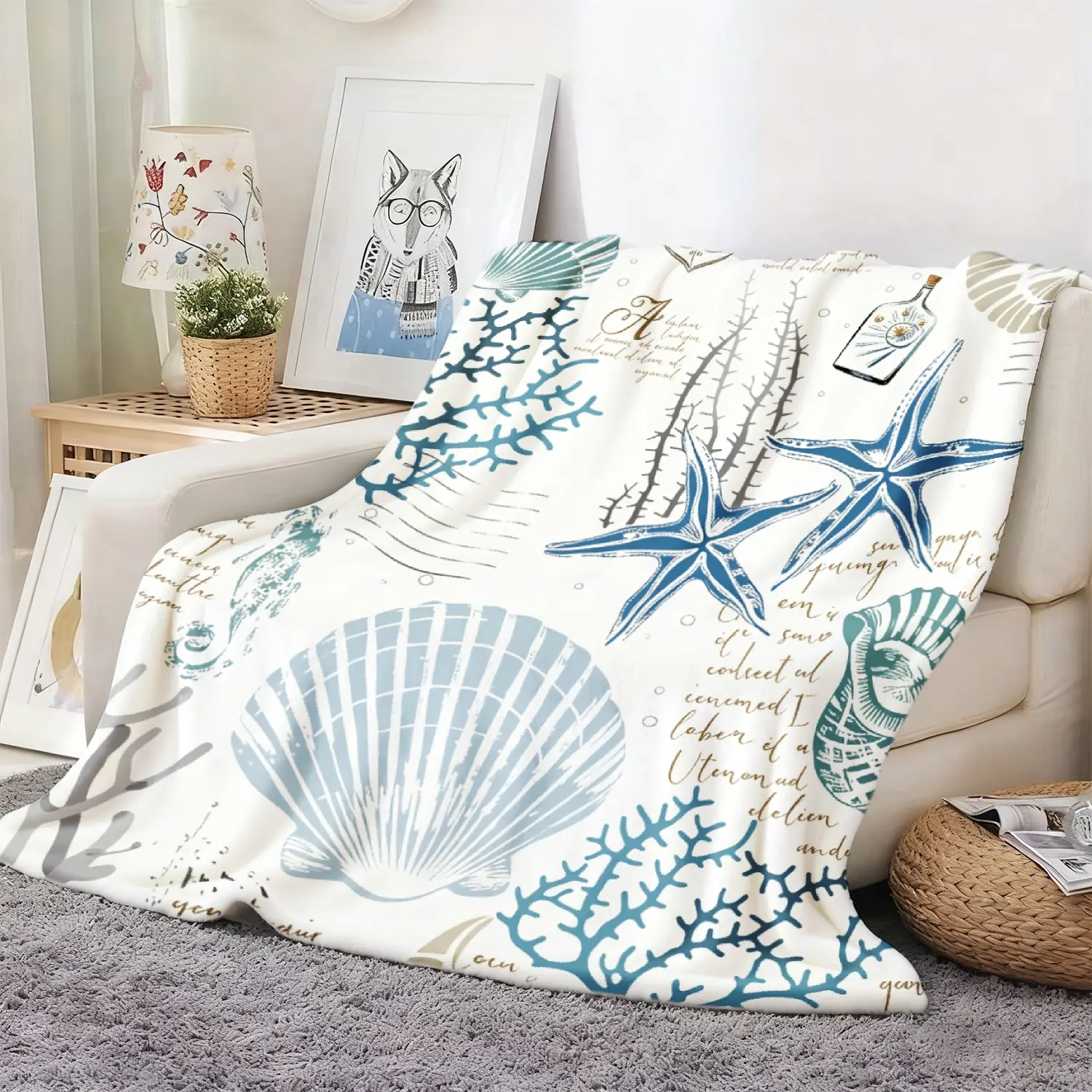 1pc, Seashells Starfish Coral Seaweed Bottle Printed Flannel Blanket, 280gsm. Soft, Comfortable, and Versatile All-season Blanket Suitable for Travel, Bedrooms, Camping, Sofas, Beds, and Office Decor. A Perfect Gift for Family, Friends