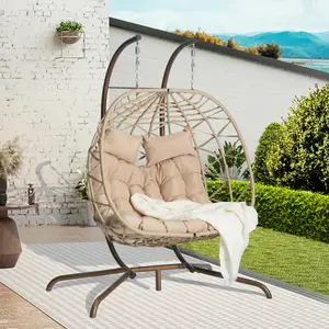 Aobtkel®Double Egg Chair with Stand Hanging Indoor Outdoor Wicker Rattan Patio Basket Egg Swing Chair Hammock Egg Chairs with UV Resistant Cushions 600 lbs for Bedroom Balcony Patio