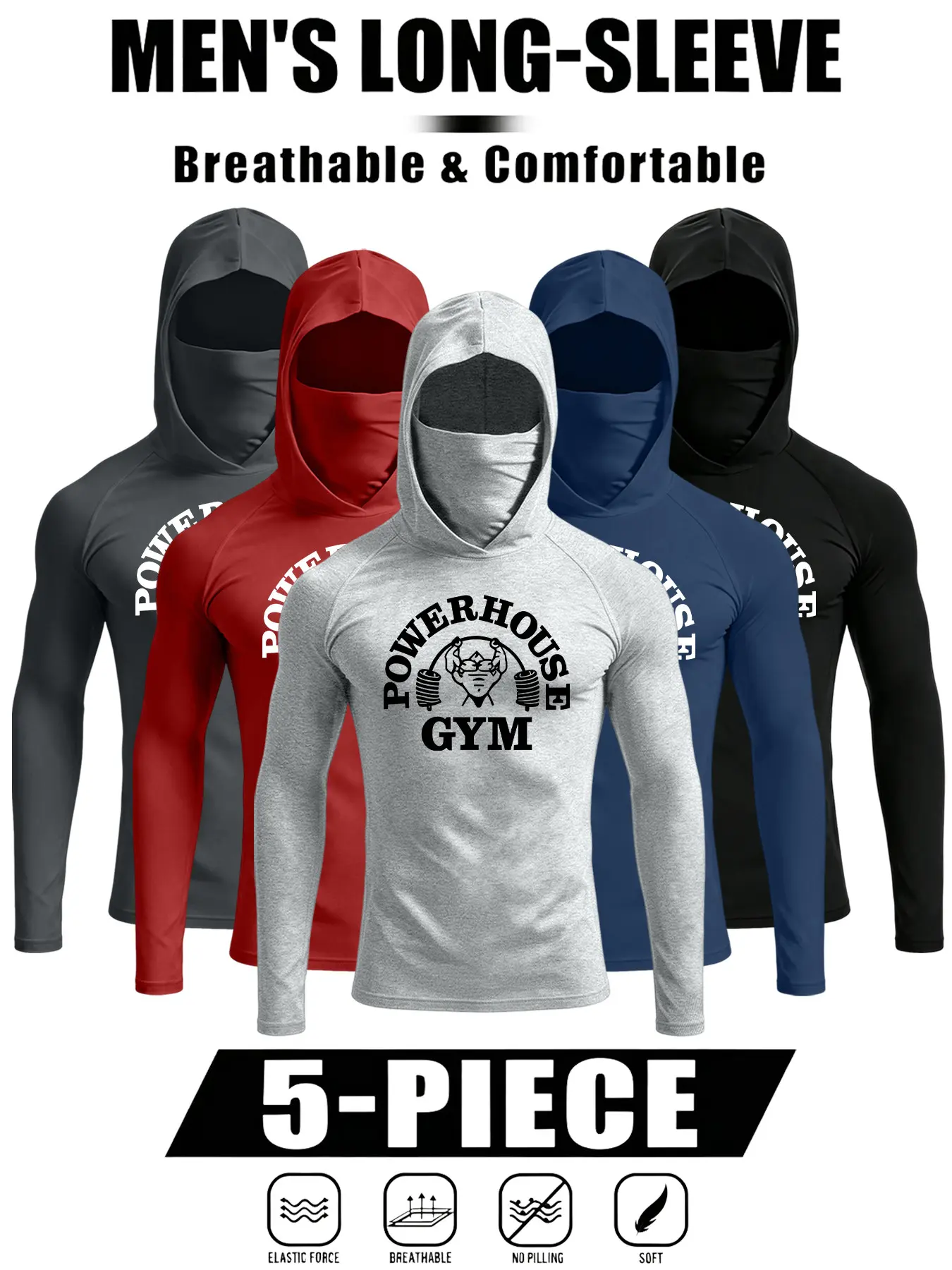 Men's Hooded Sports Mask T-Shirt Set, Breathable Elastic Material, Ideal for Workout and Daily Wear, Dumbbell Pattern Design, Workout Gym Tops