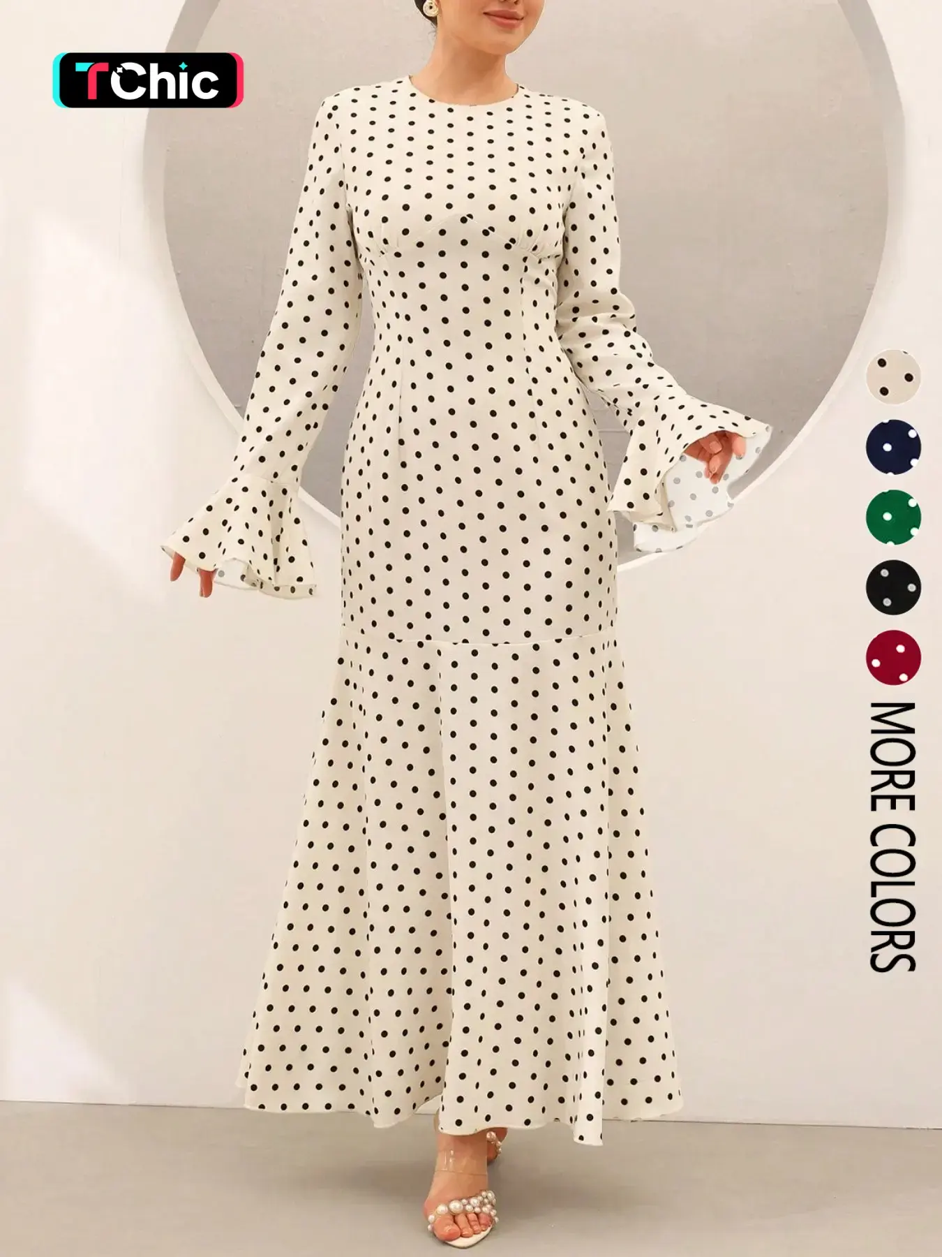 Elegant polka dot Print fitted dress with flared sleeves, perfect for everyday wear, commuting, or dates.
