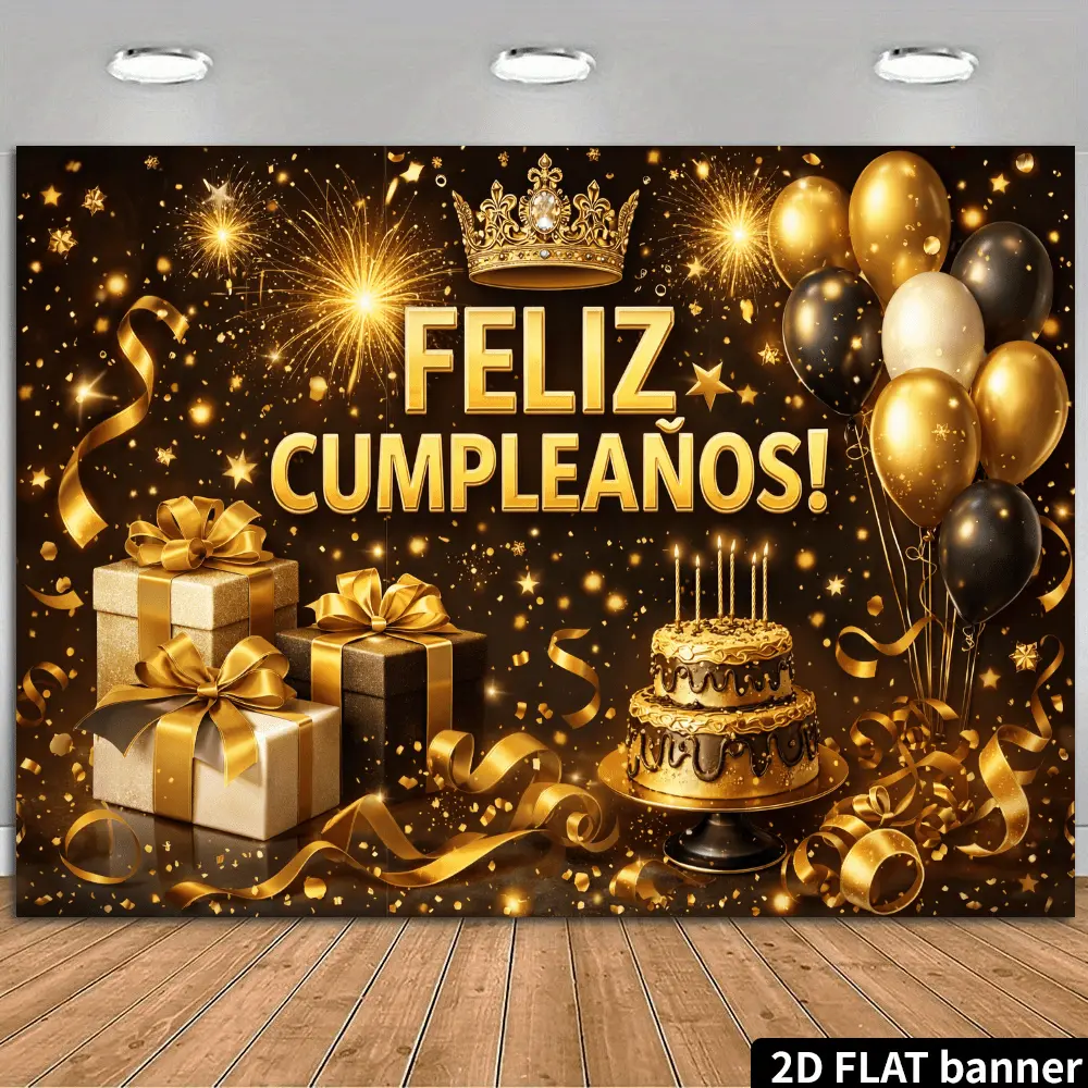 2D Flat Banner HD digitally printed polyester photography backdrop, black and gold Feliz Cumpleaños birthday themed background cloth, soft lightweight foldable fabric backdrop, suitable for birthday parties, event photography, por