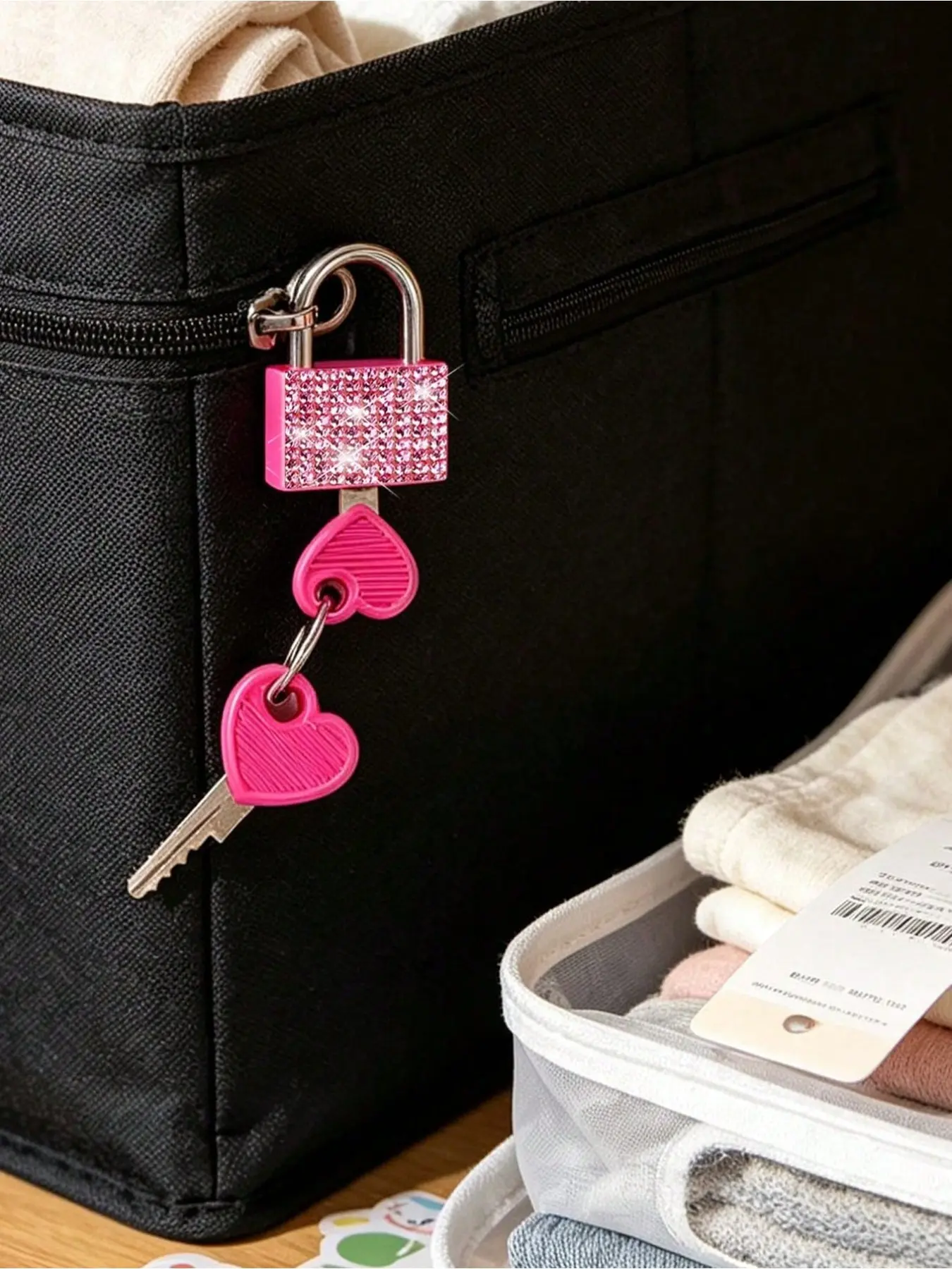 Mini Sparkling Crystal Key Padlock - Metal Mini Lock, comes with 2 keys, metal lock with heart pattern, no assembly needed, luggage lock, locker lock, small travel padlock, suitcase lock