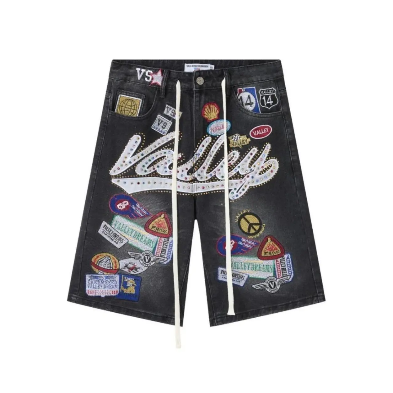 New Valley Dreams Multi Rhinestone Embroidered Patches Heavy Washed Denim Shorts, Men's Y2K Hip Hop High Street Casual Knee Length Baggy Jort Shorts, 2026 Summer Essential, 4th of July Holiday & Music Festival Streetwear Bottoms