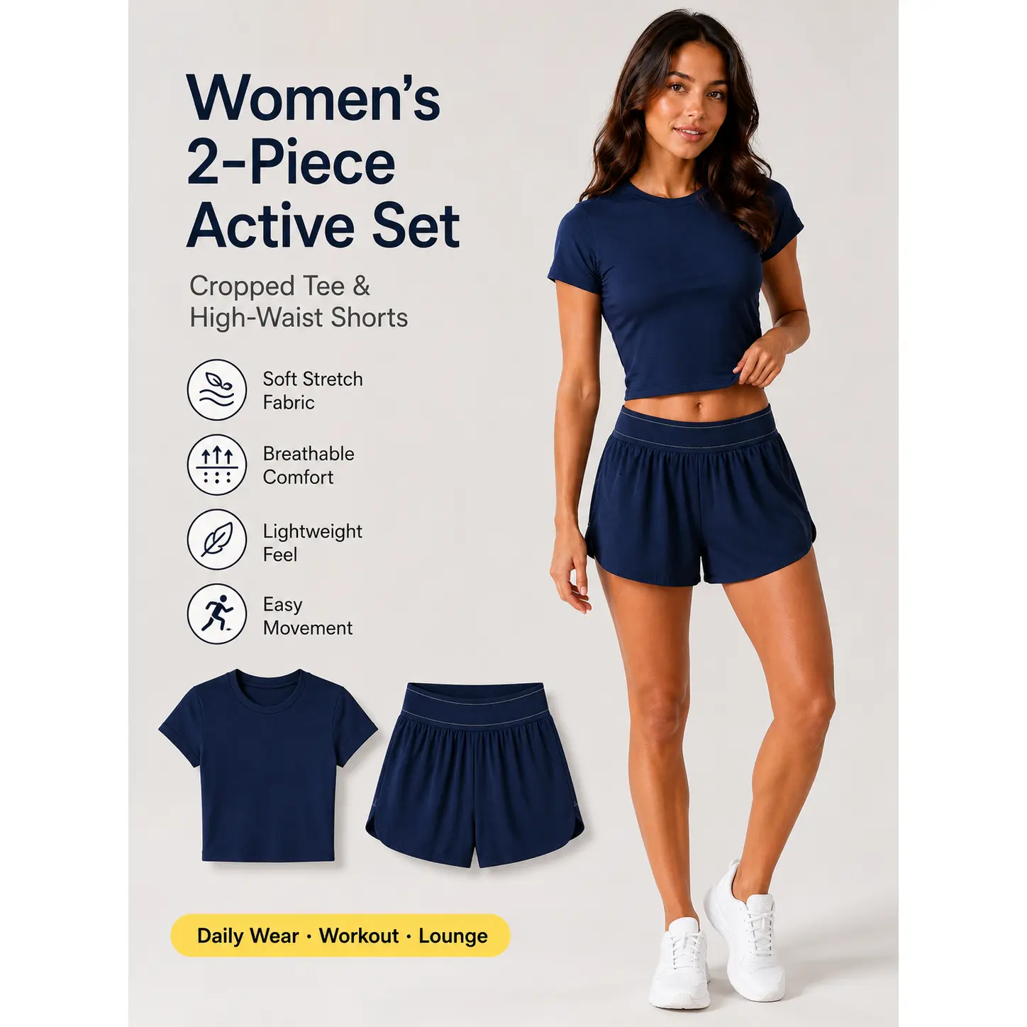 Female 2-Piece High Waisted Workout Set - Short Sleeve Crop Top, Black Matching Athletic Shorts for Gym, Yoga Wear