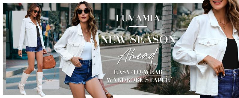 Luvamia Women's Denim Jacket Distressed Jean Button Up Vintage Western Trucker Frayed Hem Pockets Casual Coats Collared Long Sleeves Soft Denim Material Outerwear Luvamia Women's Denim Jacket Distressed Jean Button Up Vintage Western Trucker Frayed Hem Pockets Casual Coats Collared Long Sleeves Soft Denim Material Outerwear