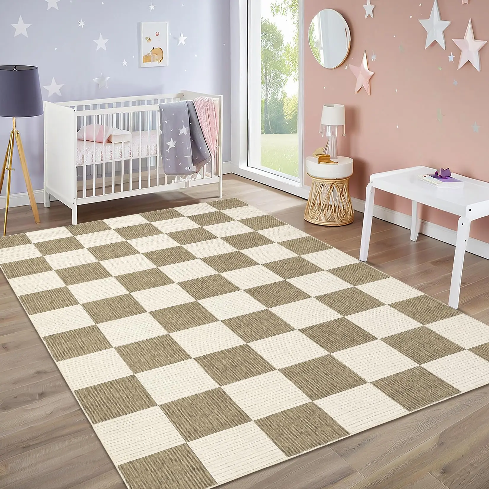 Modern Geometric Checkered Area Rug - Low Pile, Non-Slip, Machine Washable, Collapsible & Soft Carpet - Neutral Accent for Living Room, Bedroom, Dining Room, Entryway