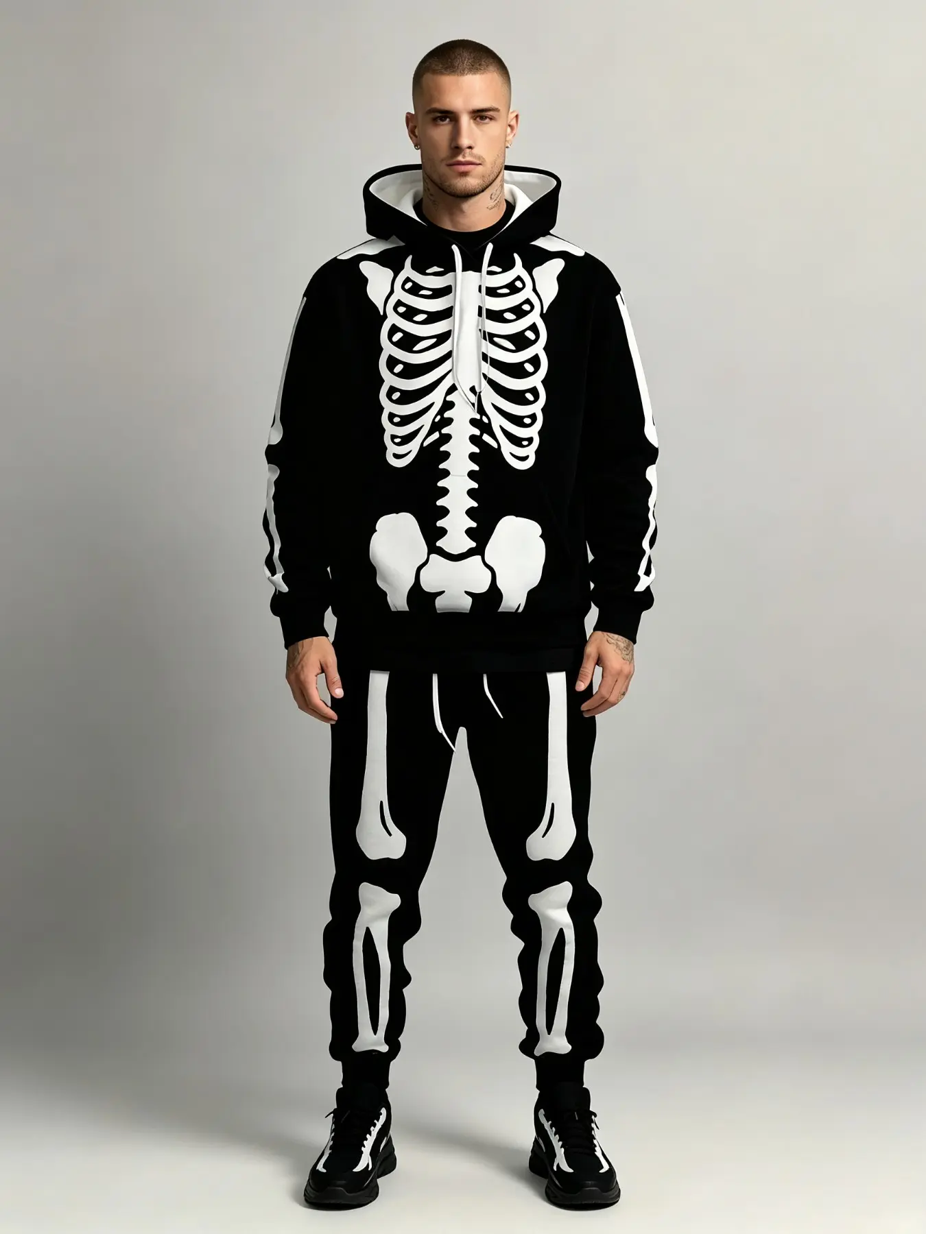Men 2 Pieces Skeleton Print Hooded Tracksuit, Long Sleeve Drawstring Hoodie & Jogger Pants Set, Gothic Halloween Casual Streetwear Outfit For Daily Party.
