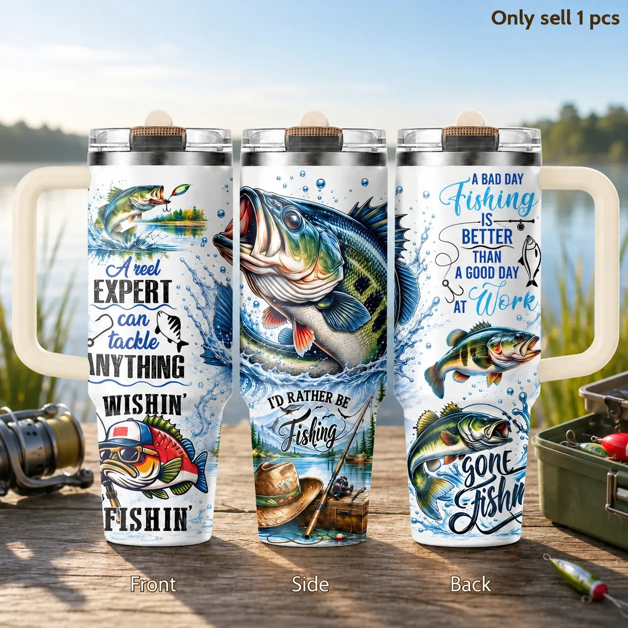 Bass Fishing 40oz Insulated Tumbler – Stainless Steel Travel Mug with Handle & Straw Lid for Coffee, Water, Lake Trips, Boat Days, Camping, Office, Car, Perfect Gift for Fishermen, Flasks
