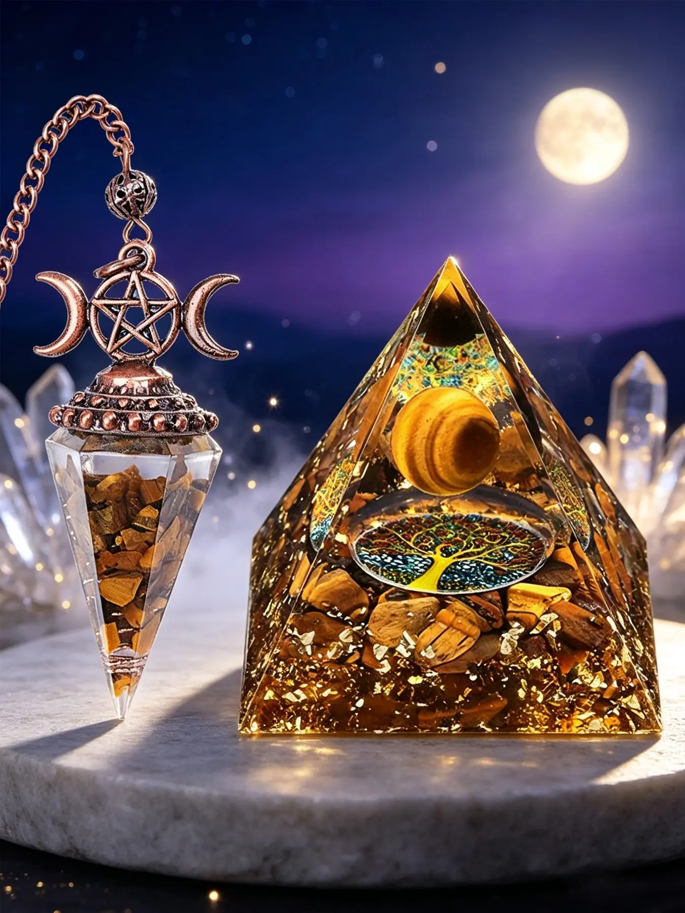 2pcs/set Tiger Eye Crystal Ball Orgone Pyramid and Pendulum Pendant, Home Decoration, Halloween Gift, Wealth and Courage Symbol