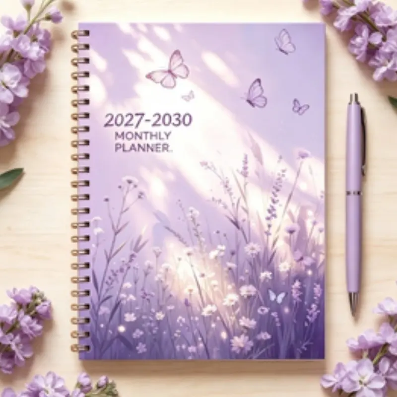 Lavender Butterfly Pattern Notebook, 2027-2030 Monthly Planner, Coil Binding, Schedule Organizer, Handwritten Journal