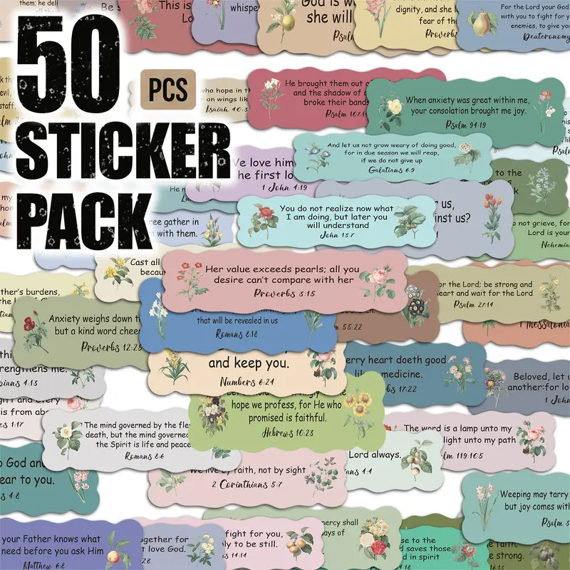 50pcs*5packs Bible verse sticky notes Aesthetic Vinyl Stickers Pack for Laptop Water Bottle Phone Case Skateboard Journal Scrapbook DIY Decoration