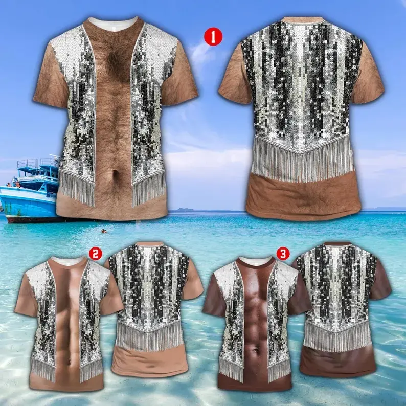 3D Hairy Body Sequin Vest T-Shirt for Men, Funny Sparkle Fringe Muscle Illusion Shirt Adult Party Costume Tee for Bachelor Beach Gift