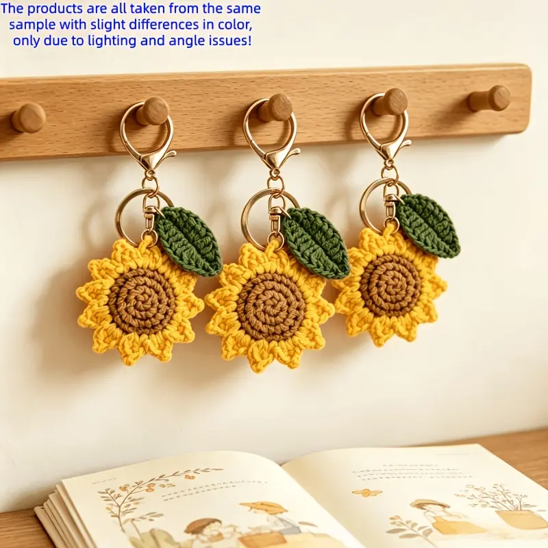 3-Pack Crochet Sunflower Keychains - Hand-Woven Flower Bag Charms, Car Key Chains