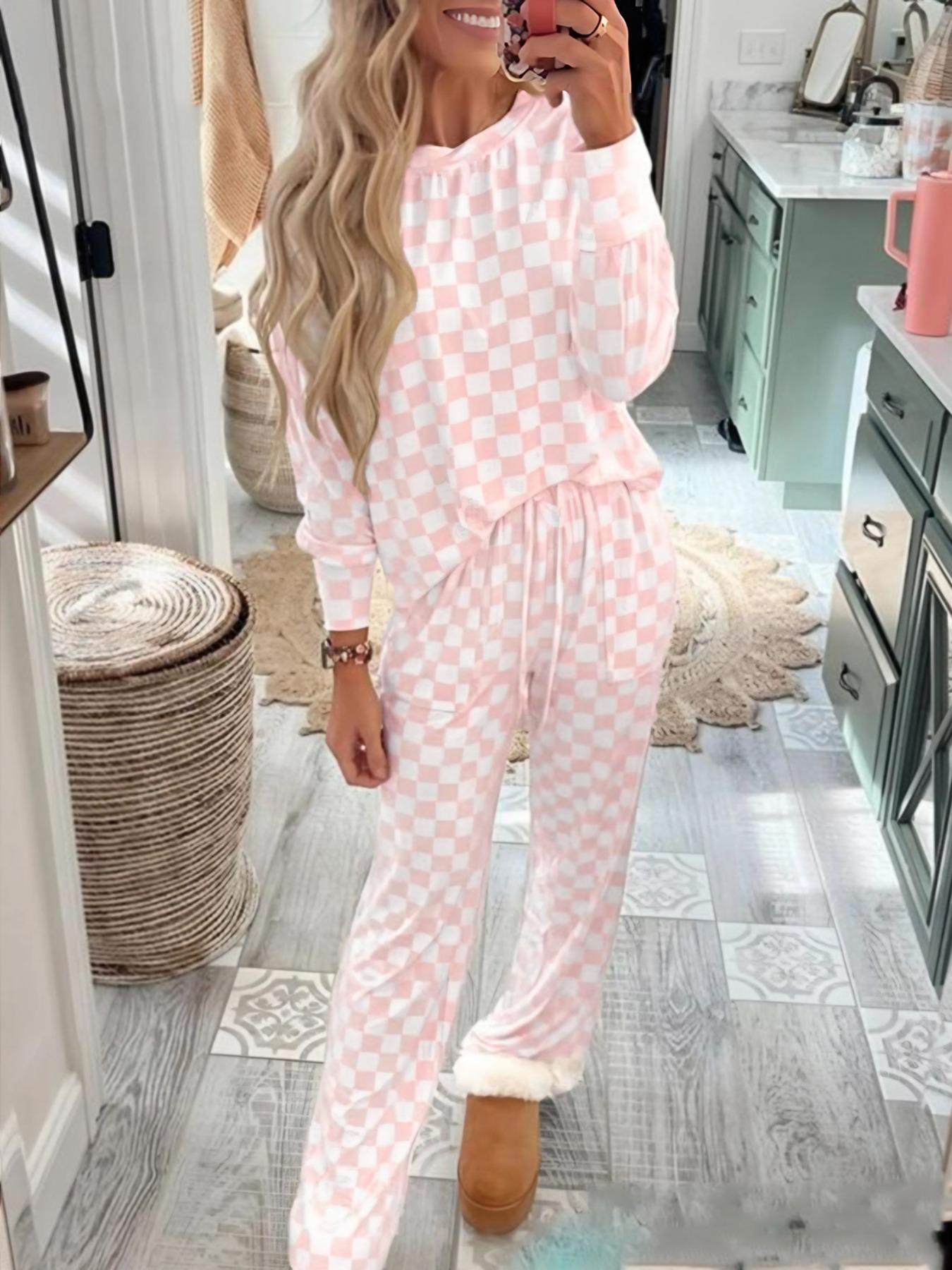 Women's Checkerboard-Print Long Sleeve Tee & Drawstring-Waist Pants Pajama Two-Piece Set, Casual Comfy Round Neck Top & Pocketed Trousers PJ Set, Ladies' Sleepwear & for All Seasons, Soft Lounge Sets