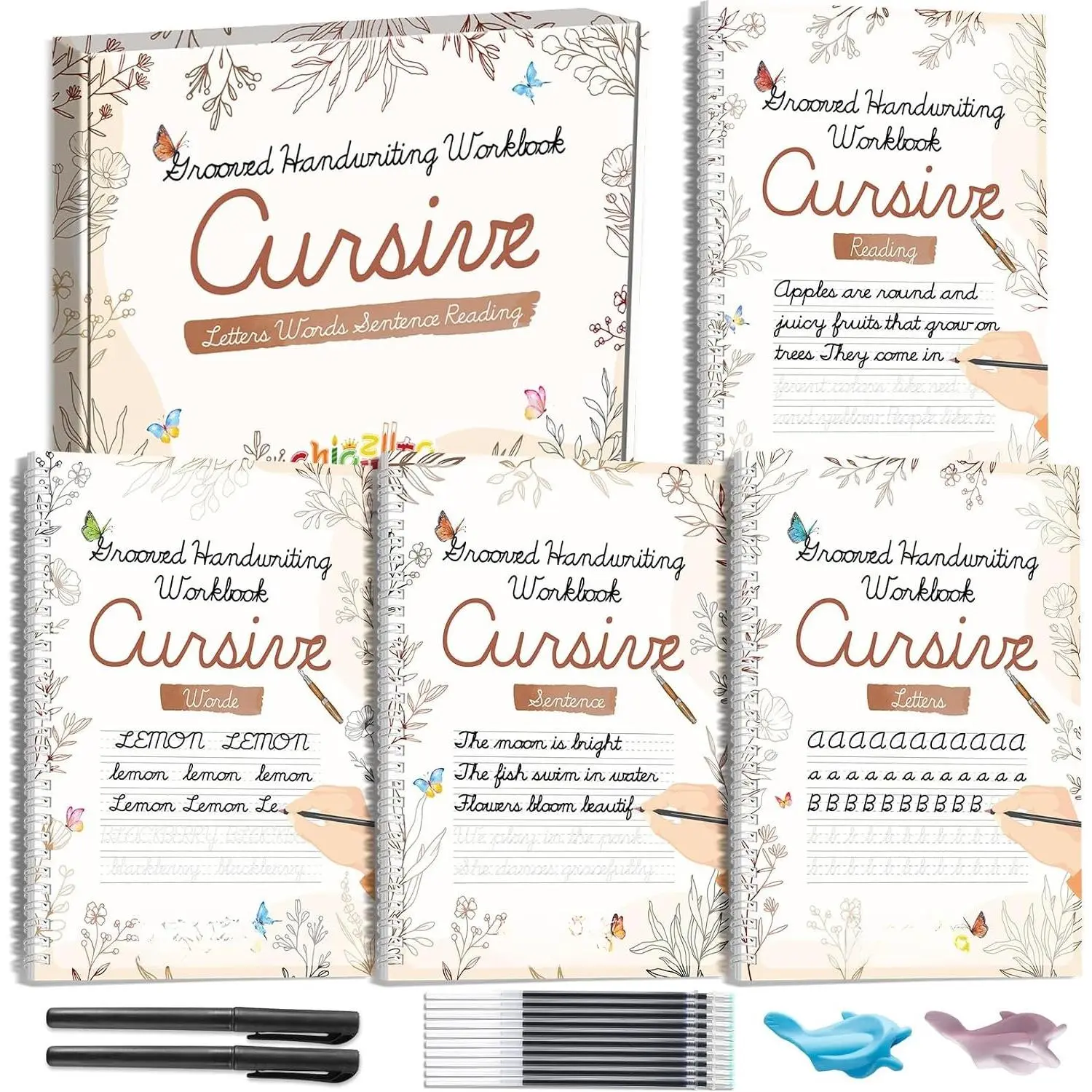 4 Pack Grooved Cursive Handwriting Practice Kit with Disappearing Ink Pens Magic  Grooved Cursive Writing Workbooks Copybook for Beginners (Words&Sentence&Reading&Letters
