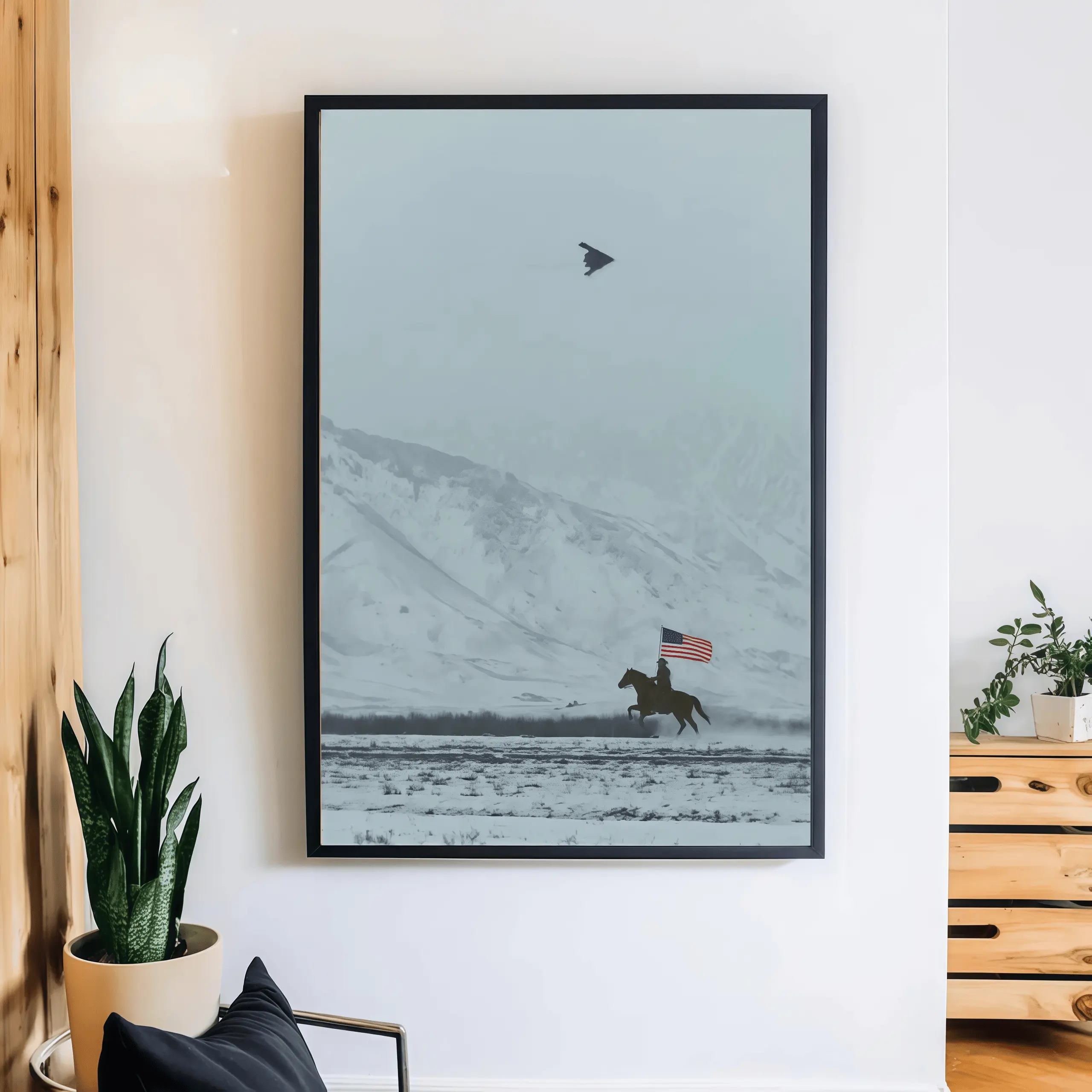 Cowboy on Horse and B2 Spirit Flying Satin Poster- America Western Mountain Unframed Wall Art, Western Cowboy Decor, Military Aviation Artwork, Vintage American Style Poster, Rustic Home Decor, Man Cave Wall Art, Bedroom Living Room Decoration, jesus
