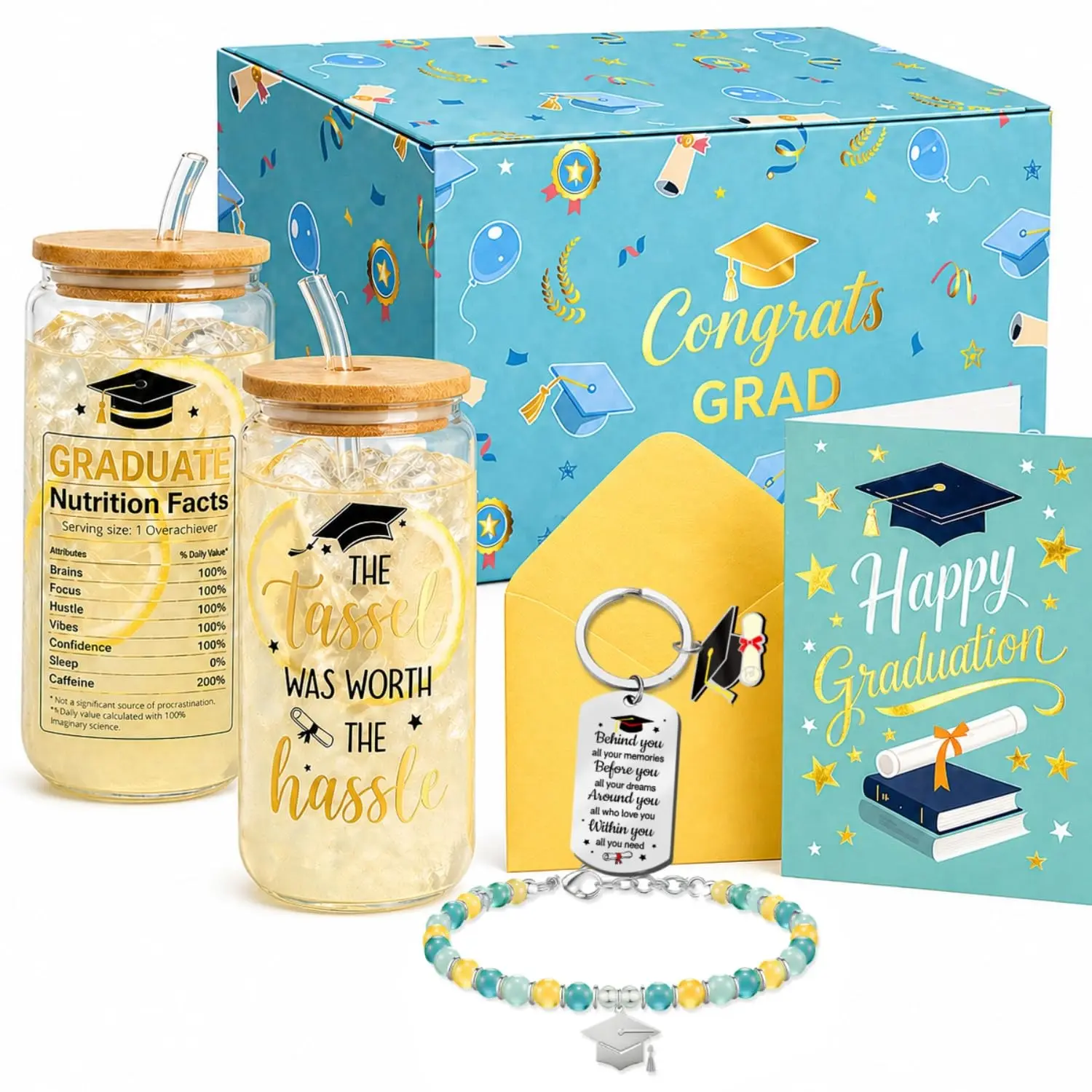 HAPPYPOP Graduation Gifts – Gift Box with Glass Cup, Bracelet, Keychain, Socks & Congrats Card