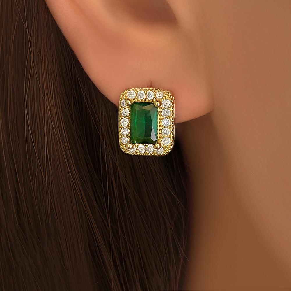 Luxury Golden Green Crystal Stud Earrings for Women, Sparkly Rectangle CZ Halo Earrings, Elegant Gem Look Jewelry, Chic Everyday Party Gift Accessory