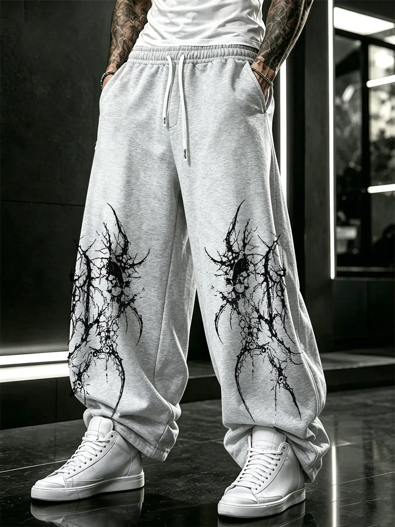 Men's Wide-Leg Sweatpants with Thorn Skull Print, Drawstring Loose Fit Straight Leg Sports Pants, Casual Athleisure Pants, Spring & Fall Casual Wear, Casual Fashion Sweatpants, Casual Comfy Sweatpants