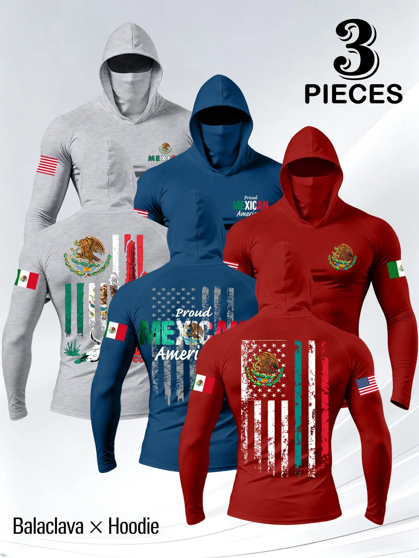 3-Piece Mexican-American Fusion Print Hooded Long Sleeve Top, Work Out Shirts, Outdoor Sport Fitted Mask T-Shirt, American-Mexican Style Fitness Cycling Fishing Shirt
