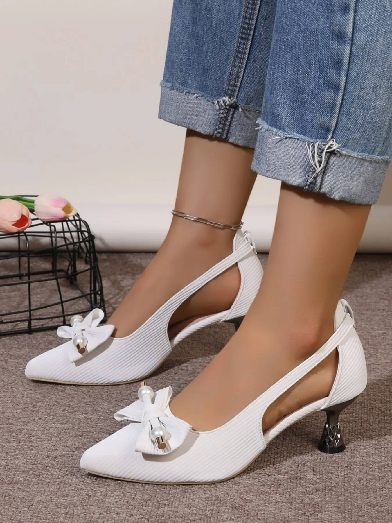 Women's Striped Pearl Bow High Heel Shoes, Side Cutout Breathable Pointed Toe, Slip-On Design, Party Wedding Dance Shoes
