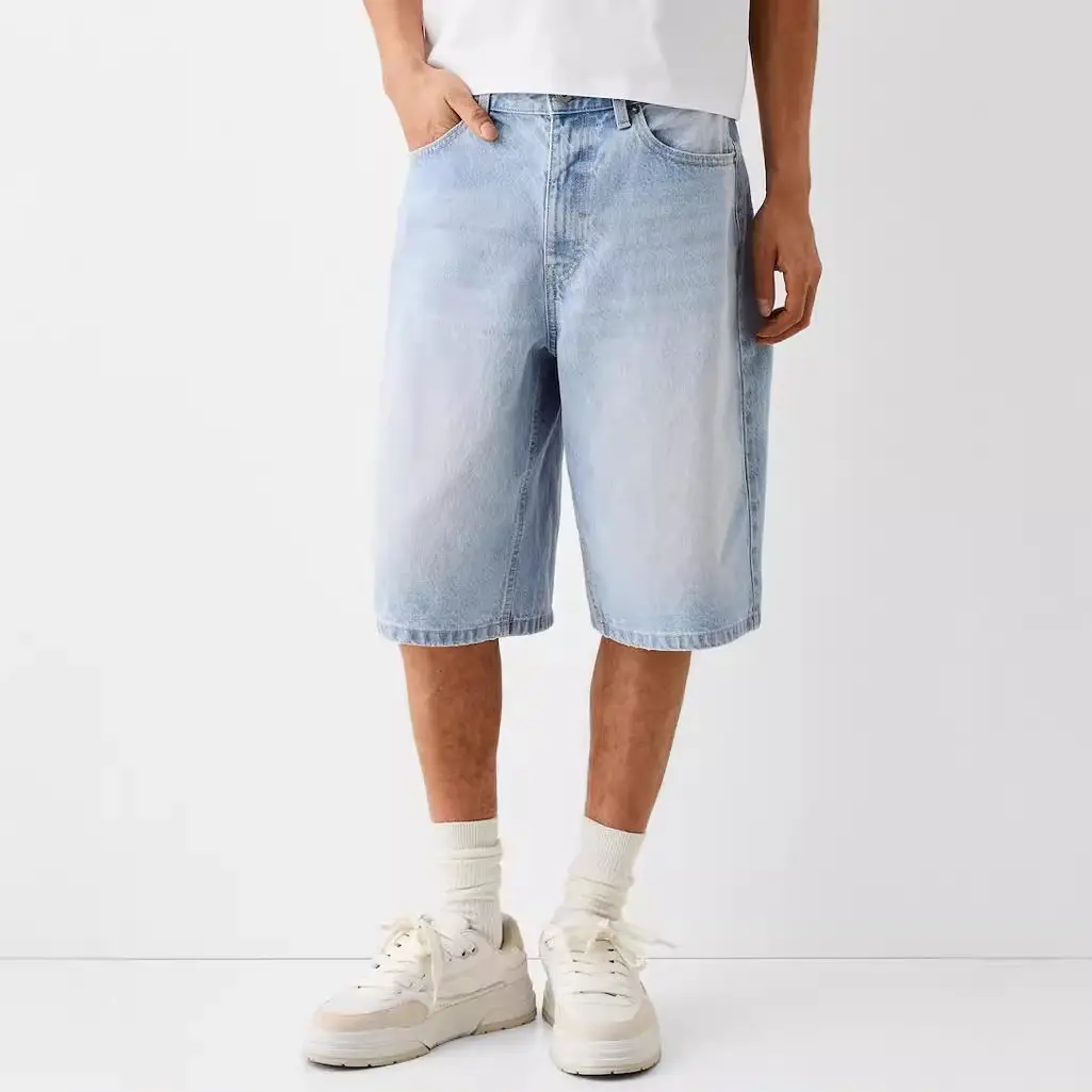 Men's Streetwear Denim Shorts, Plain Light Wash Wide Leg Cut, Loose Knee Length Fit with Cropped Hem, Breathable Fit for Summer Daily Wear, Street Wear, Male Shorts, Plain Denim
