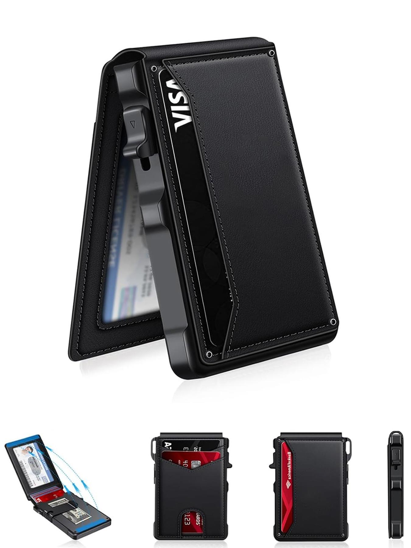 Men's Minimalist Ultra-Thin Wallet, Holds 9-13 Cards, Money Clip & ID Window, Aluminum Alloy Dual-Fold RFID Blocking Design, Durable Bifold Wallet