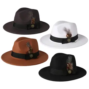 Men's Women's Feather Fedora Hat Wide Brim Panama British Hat for Wedding Party