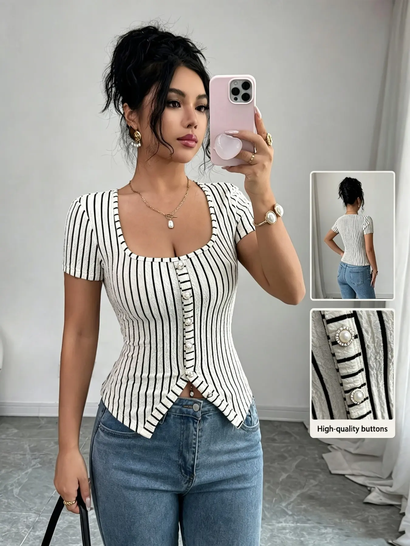 French Square Neck Striped Short Sleeve Top for Women, Summer Single Button Slim Fit Waist Split Elegant Chic T-Shirt, Slim Fitting Shirt, Fashionable Decorative Buttons, Button Closure Top
