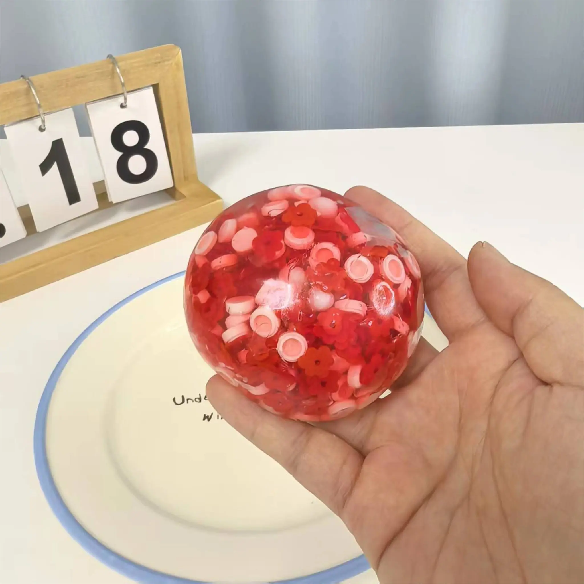 Handmade Strawberry Mochi Bloom Stress Ball, Crystal Clear Squishy with Soft Strawberry & Flower Pieces, Perfect for Relaxation and Fun