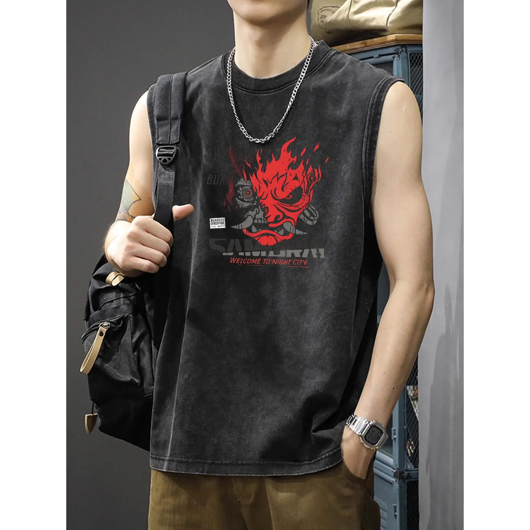Washed Cyberpunk Japanese Demon Flame Graphic Sleeveless Tank Top Unisex Crew Neck High Contrast Color Casual Vest Streetwear Apparel For Daily Outfits